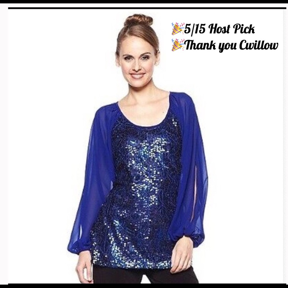 🍁 NWT Badgley Mischa Blue Sequin Blouse Size Large